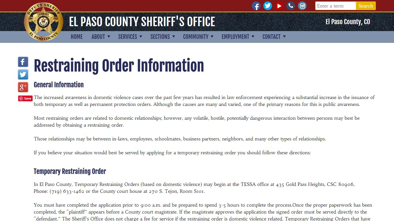 Restraining Order Information | El Paso County Sheriff